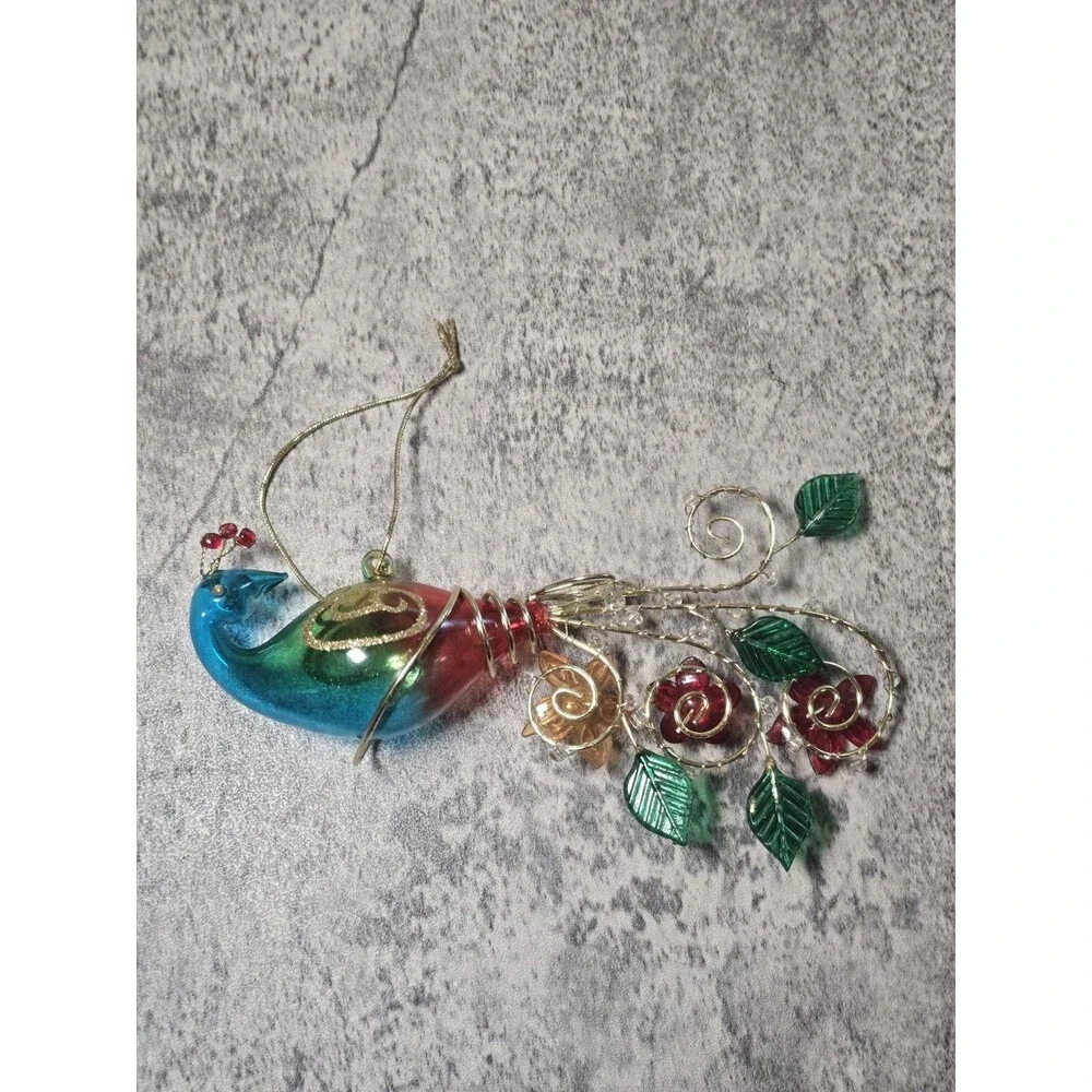 Vintage Blue Green Peacock Blown Glass Christmas Ornament Ornate Tail Nice